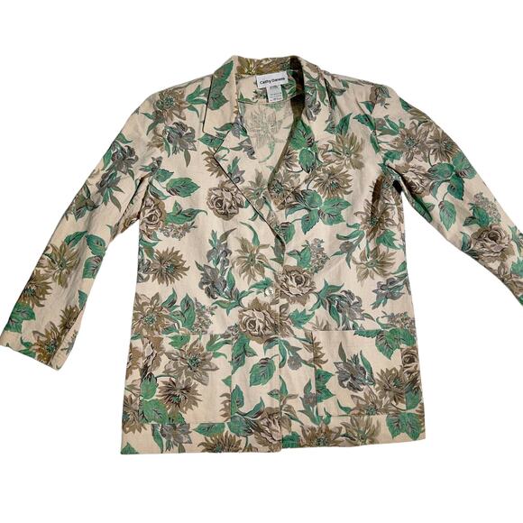 Cathy Daniels Jacket Smock Woman's Medium Linen Blend Green & Tan Floral Pockets - Picture 1 of 9